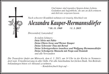 Anzeige von Alexandra Kauper-Hermannsdörfer von Nordbayerischer Kurier