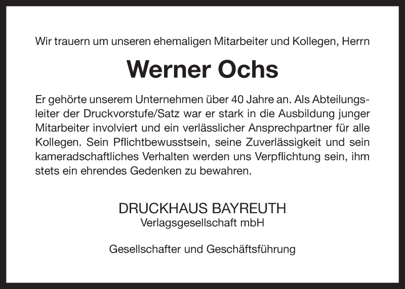  Traueranzeige für Werner Ochs vom 11.03.2015 aus Nordbayerischer Kurier