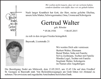 Anzeige von Gertrud Walter von Nordbayerischer Kurier