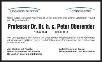 Anzeige von Peter Oberender von Nordbayerischer Kurier
