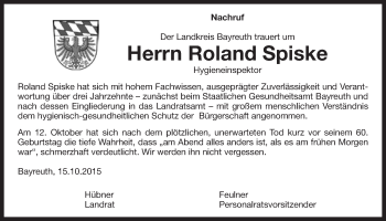 Anzeige von Roland Spiske von Nordbayerischer Kurier