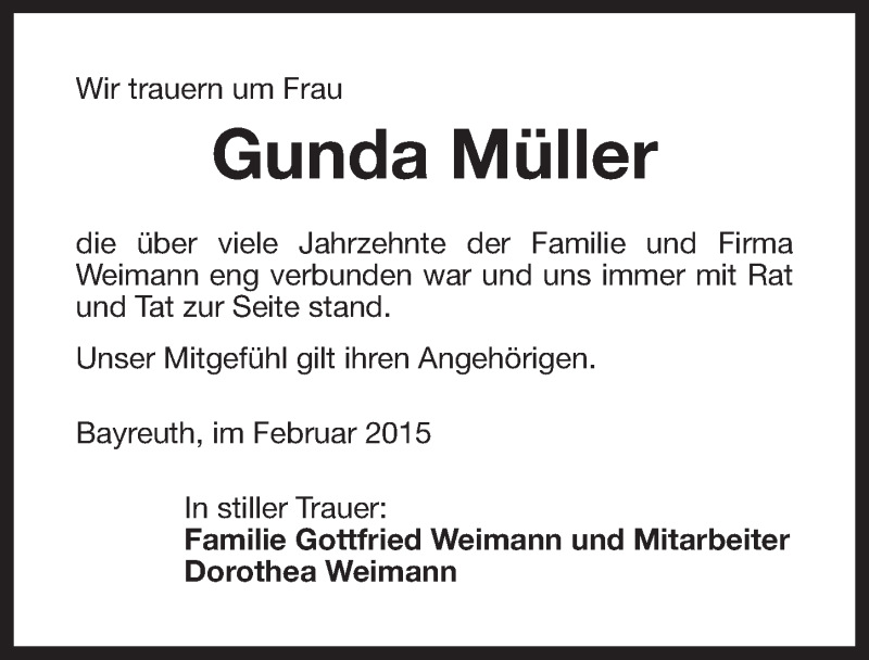  Traueranzeige für Gunda Müller vom 20.02.2015 aus Nordbayerischer Kurier