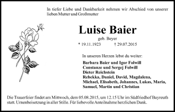 Anzeige von Luise Baier von Nordbayerischer Kurier