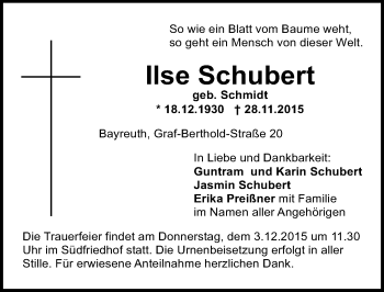 Anzeige von Ilse Schubert von Nordbayerischer Kurier