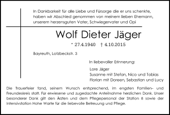 Anzeige von Wolf Dieter Jäger von Nordbayerischer Kurier