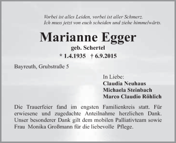 Anzeige von Marianne Egger von Nordbayerischer Kurier