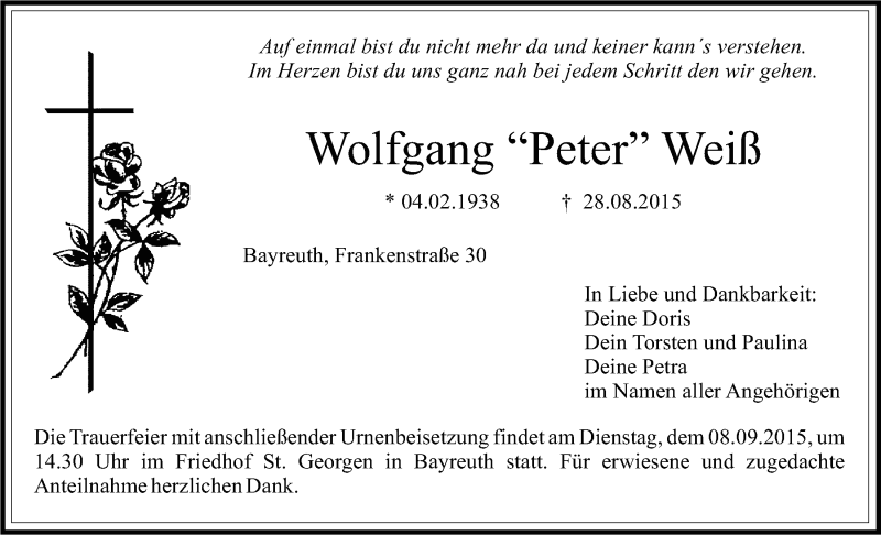  Traueranzeige für Wolfgang Weiß vom 05.09.2015 aus Nordbayerischer Kurier