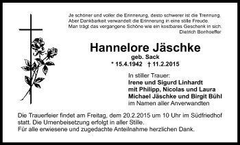 Anzeige von Hannelore Jäschke von Nordbayerischer Kurier