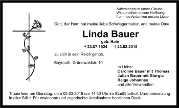 Anzeige von Linda Bauer von Nordbayerischer Kurier