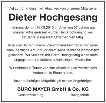 Anzeige von Dieter Hochgesang von Nordbayerischer Kurier