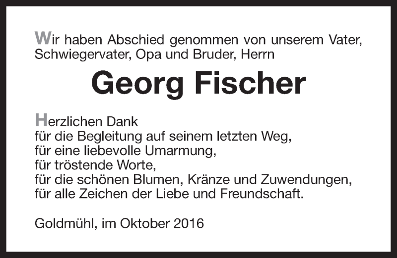  Traueranzeige für Georg Fischer vom 15.10.2016 aus Nordbayerischer Kurier