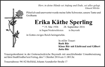 Anzeige von Erika Käthe Sperling von Nordbayerischer Kurier