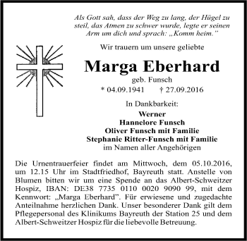 Anzeige von Marga Eberhard von Nordbayerischer Kurier