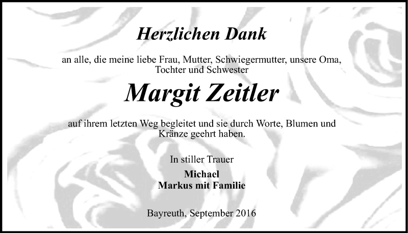  Traueranzeige für Margit Zeitler vom 01.10.2016 aus Nordbayerischer Kurier