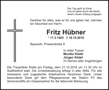 Anzeige von Fritz Hübner von Nordbayerischer Kurier