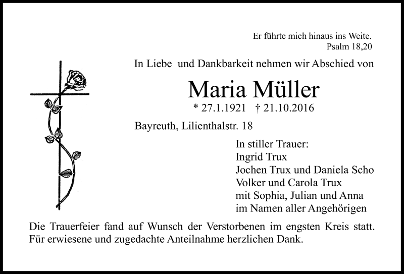  Traueranzeige für Maria Müller vom 29.10.2016 aus Nordbayerischer Kurier