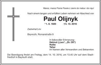 Anzeige von Paul Olijnyk von Nordbayerischer Kurier