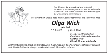 Anzeige von Olga Wich von Nordbayerischer Kurier