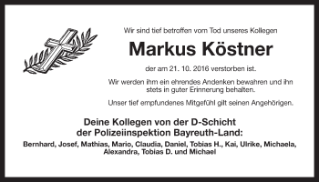 Anzeige von Markus Köstner von Nordbayerischer Kurier