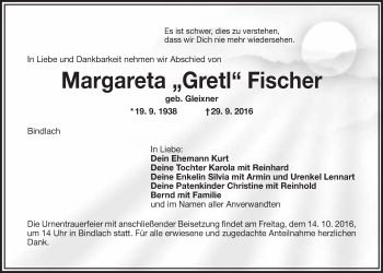 Anzeige von Margareta Fischer von Nordbayerischer Kurier