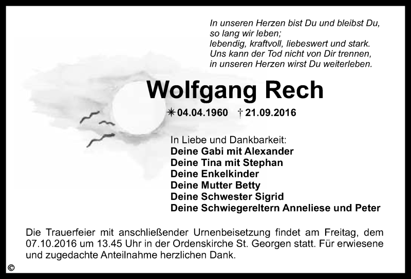  Traueranzeige für Wolfgang Rech vom 04.10.2016 aus Nordbayerischer Kurier