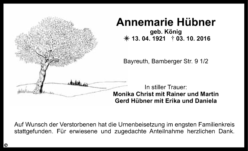  Traueranzeige für Annemarie Hübner vom 15.10.2016 aus Nordbayerischer Kurier