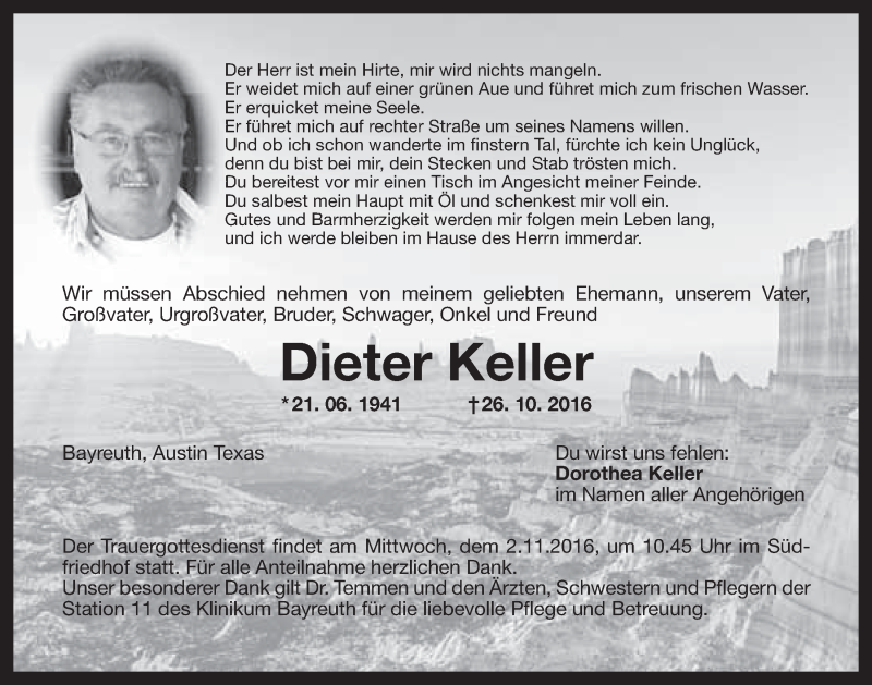  Traueranzeige für Dieter Keller vom 29.10.2016 aus Nordbayerischer Kurier