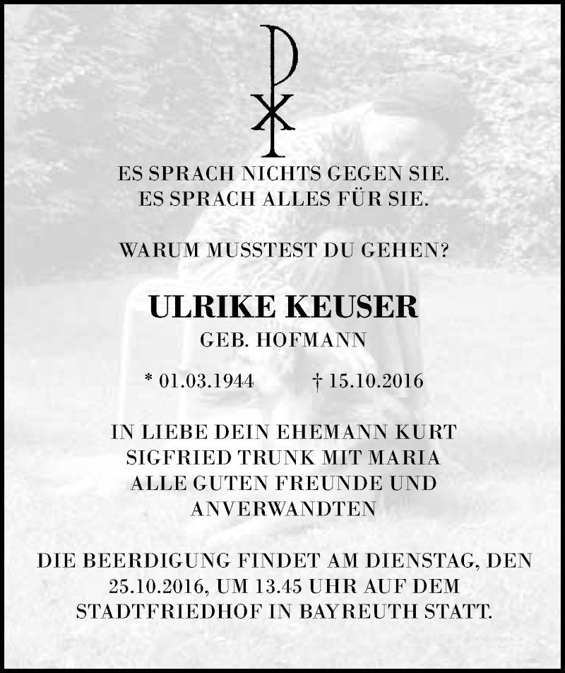  Traueranzeige für Ulrike Keuser vom 21.10.2016 aus Nordbayerischer Kurier