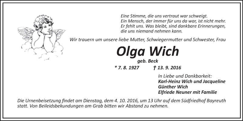  Traueranzeige für Olga Wich vom 01.10.2016 aus Nordbayerischer Kurier