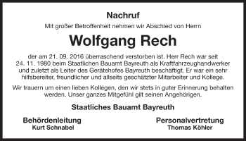 Anzeige von Wolfgang Rech von Nordbayerischer Kurier