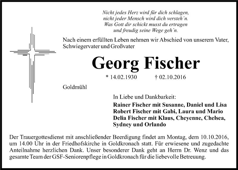  Traueranzeige für Georg Fischer vom 06.10.2016 aus Nordbayerischer Kurier