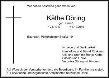 Anzeige von Käthe Döring von Nordbayerischer Kurier