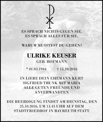 Anzeige von Ulrike Keuser von Nordbayerischer Kurier