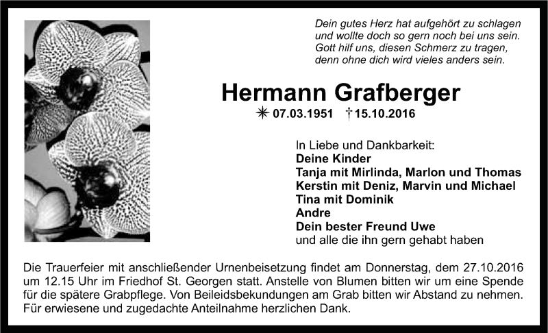  Traueranzeige für Hermann Grafberger vom 22.10.2016 aus Nordbayerischer Kurier