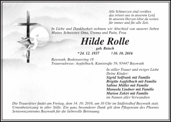 Anzeige von Hilde Rolle von Nordbayerischer Kurier