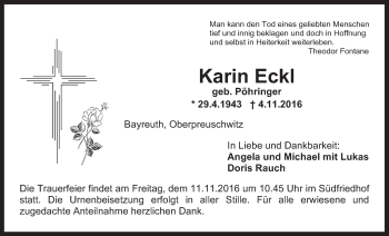 Anzeige von Karin Eckl von Nordbayerischer Kurier