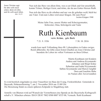 Anzeige von Ruth Kienbaum von Nordbayerischer Kurier