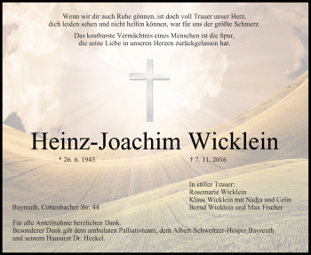 Anzeige von Heinz-Joachim Wicklein von Nordbayerischer Kurier
