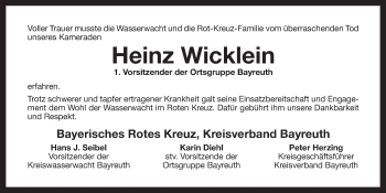 Anzeige von Heinz-Joachim Wicklein von Nordbayerischer Kurier
