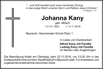 Anzeige von Johanna Kany von Nordbayerischer Kurier