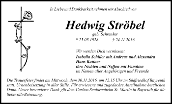 Anzeige von Hedwig Ströbel von Nordbayerischer Kurier