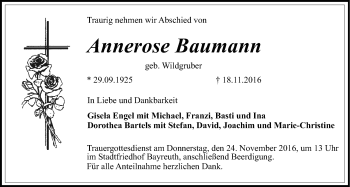 Anzeige von Annerose Baumann von Nordbayerischer Kurier