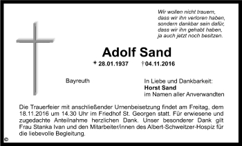 Anzeige von Adolf Sand von Nordbayerischer Kurier