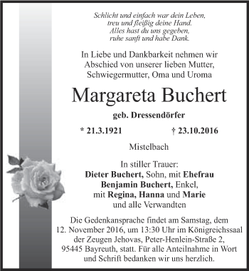 Anzeige von Margareta Buchert von Nordbayerischer Kurier