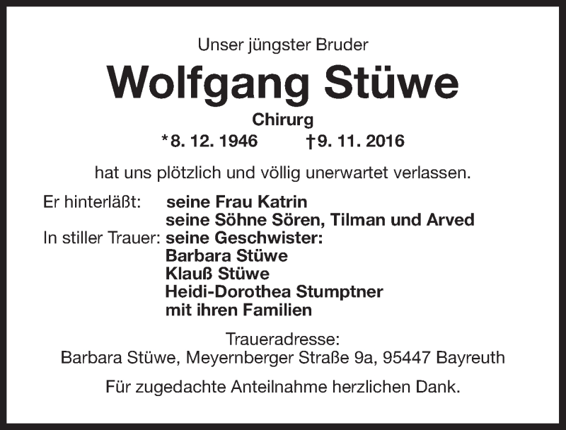  Traueranzeige für Wolfgang Stüwe vom 19.11.2016 aus Nordbayerischer Kurier
