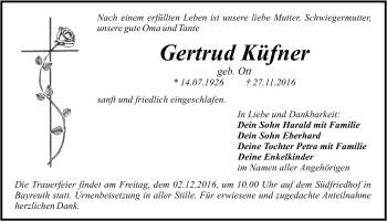 Anzeige von Gertrud Küfner von Nordbayerischer Kurier