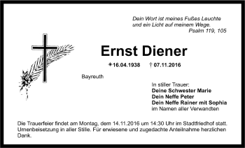 Anzeige von Ernst Diener von Nordbayerischer Kurier