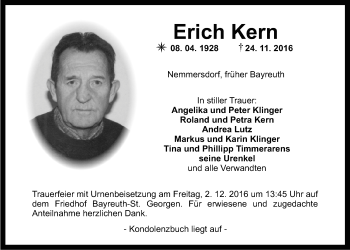 Anzeige von Erich Kern von Nordbayerischer Kurier