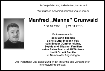 Anzeige von Manfred Grunwald von Nordbayerischer Kurier