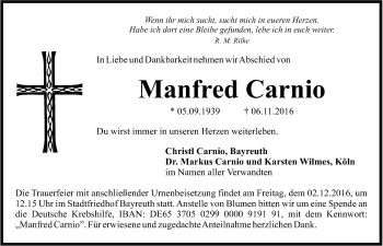Anzeige von Manfred Carnio von Nordbayerischer Kurier